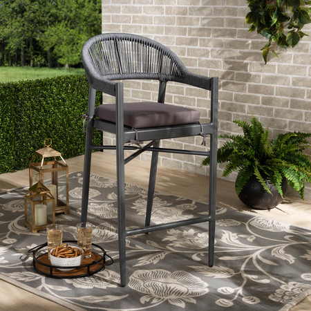 Baxton Studio Wendell Grey Finished Rope and Metal Outdoor Bar Stool 171-10773